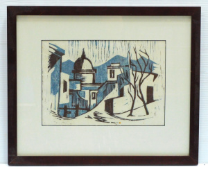 Lot 127 - Artist Uknown - Framed Vintage Colour Woodblock print - Township with
