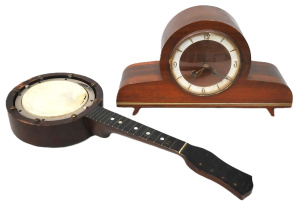 Lot 142 - 2 pces inc German Art Deco Mantel Clock & Banjo Ukulele (af)