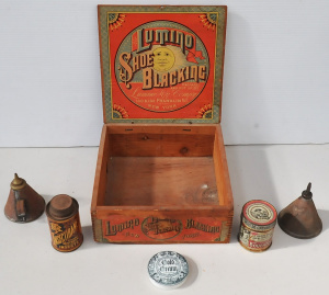 Lot 143 - Group lot vintage Tins & Packaging Inc Lumino Shoe Blacking wooden