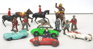 Lot 175 - Group of vintage die-cast toys inc Dinky race cars, cowboys, Mounties