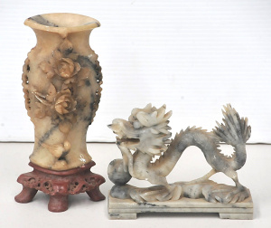 Lot 186 - 2 pces Oriental carved soapstone inc Dragon & Vase 20cm H