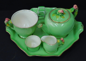 Lot 227 - Vintage Royal Winton Breakfast Set - Green Rosebud pattern