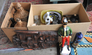 2 x Boxes of Mixed Barware & Carved Wooden Panel incl Ceramic Decanters, Win