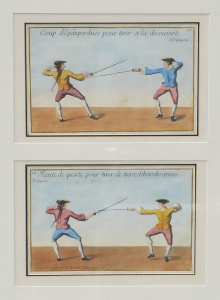Framed pair c1750 hand coloured Engravings - The Art of Fencing - both w detail