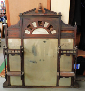 Lot 7 - Edwardian ceder and pine mirrored overmantel (af) - 149cm H inc finial (