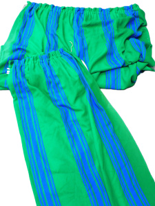 Lot 9 - Pair Retro Bright Green Curtains - Linen backed, Blue Stripes over green