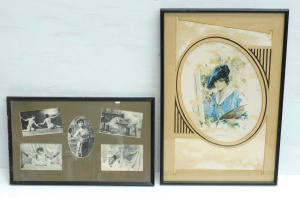 Lot 28 - Vintage framed Harrison Fisher print (af) and framed nude and risque ph