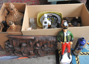 Lot 39 - 2 x Boxes Mixed Barware & Carved Wooden Panel incl Ceramic Decanter