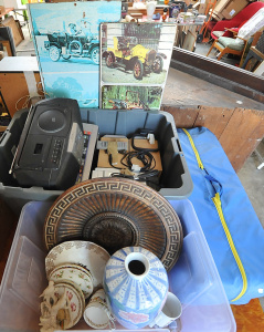 Lot 63 - Large mixed lot inc box of AV equipment inc Sony CD boombox, bookshelf