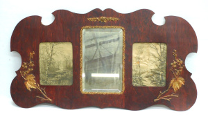 Lot 85 - Edwardian plywood overmantel with forest scene prints flanking central
