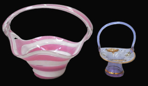 Lot 140 - 2 Art Glass Baskets inc Large Pink & White with wavey rim 29cm H &