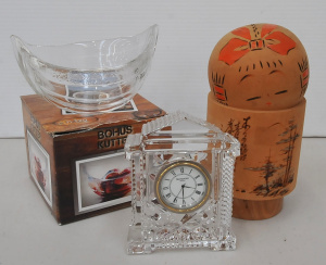 Lot 156 - Waterford crystal desk clock, Japanese Kokeshi doll signed to base (17