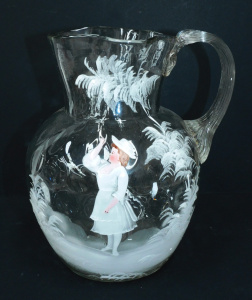 Lot 202 - Victorian Mary Gregory jug - hand blown with dimpled body and hand pai