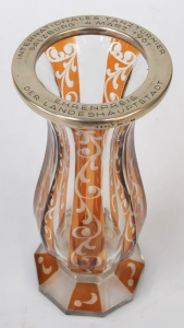 Lot 206 - Vintage Bohemian Cut Crystal vase with amber overlay - Marked 900 silv