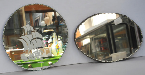 2 x Vintage Art Deco pie Crust Mirrors - Circular w frosted Tall lShip + Oval -