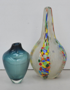 2 x vintage Art Glass Vases - Tall w panels of Multi Coloured splotches & co
