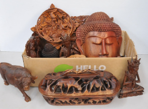 Box Lot of Carved Wooden Items incl Balinese Wooden Figures, Buddhist Wall Mask,