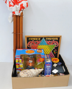 Box lot Toys etc inc Playskool Boxed Mr Potato head, Chinese Checkers Board, Lar