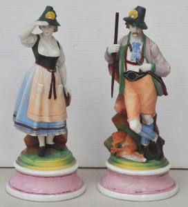 Pair Victorian German Porcelain Figural Lamps - Bavarian Man & Woman in Bava