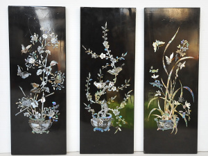Set of 3 x vintage Orental Lacquer ware panels featuring inlaid MOP Iridescent P