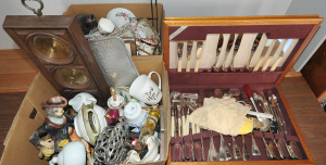 Lot 18 - Large mixed lot inc blondewood cutlery canteen w 2 part sets, napkin cu