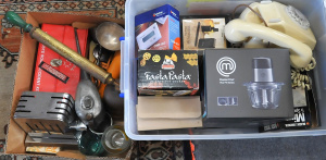 Lot 22 - 2 x Boxes Mixed inc Rotary Dial telephone, Oil Can, Drop side Toaster,