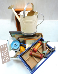 Lot 23 - Mixed box lot of vintage and modern items inc industrial cotton spools,