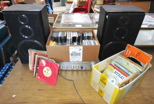 Lot 29 - Group Lot incl Pair of Teak Bookshelf Speakers, Box of Assorted Cassett