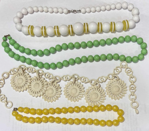 Lot 44 - 4 x 195060s plastic necklaces - yellow, green beads, white & yellow