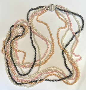 Lot 48 - Long five strand multi colour pearl necklace with 925 silver clasp