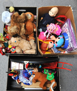 Lot 61 - Large mixed lot of 3 boxes inc toys, dolls, teddies, kids and novelty s