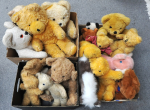 Lot 72 - Large group lot of 3 boxes of vintage and modern teddies and soft toys