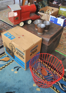 Lot 76 - Mixed Lot incl Metal Trunk, Boxed Chinon sound 6100 8mm Projector, Wood