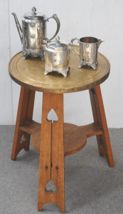 Lot 85 - Vintage Arts n Craft Side Table w Stylized Spade Cutout to Legs Beaten