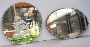 Lot 87 - 2 x Vintage Art Deco pie Crust Mirrors - Circular w frosted Tall ship +