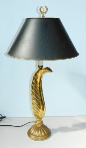 Lot 89 - Vintage Brass Table lamp with Black metal shade - curled feather column