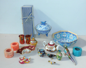 Lot 98 - Mixed Group lot inc Cloisonne Birds, Limoges miniature shoes & dish