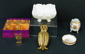 Lot 153 - Mixed group lot inc Brass Owl door knocker, French footed cracked egg