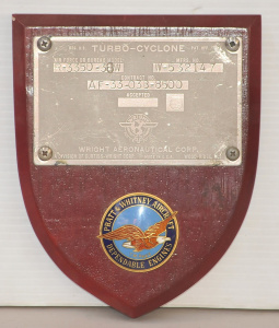 Lot 155 - 2 x Vintage metal Aircraft Engine plaques mounted on wooden shield - e