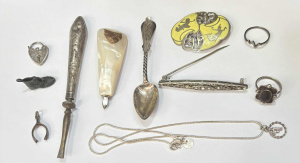 Lot 169 - Grp silver - charms, heart lock, chain & pendant, rings, diamante