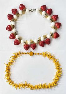 Lot 175 - 2 x 1960s bright coloured glass necklaces - Strawberries & leaves,