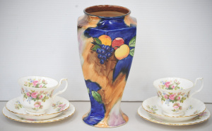 Lot 196 - Vintage Tunstall Autumn vase (25cm H) and 2 Royal Albert Moss Rose Tri