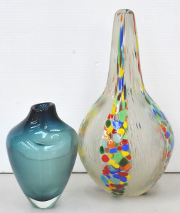 Lot 210 - 2 x vintage Art Glass Vases - Tall w panels of Multi Coloured splotche
