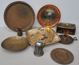 Group lot Metal Ware inc Brass Chamberstick, Jug, Etched plated Copper Wall plaq