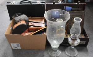 Group Lot of Mixed Items inc Victorian Oil Lamp, Assorted Cases, Embossed Leathe