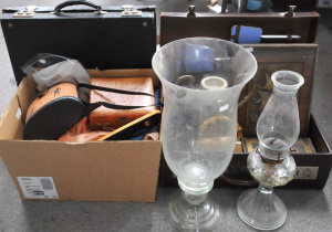 Lot 24 - Group Lot of Mixed Items inc Victorian Oil Lamp, Assorted Cases, Emboss