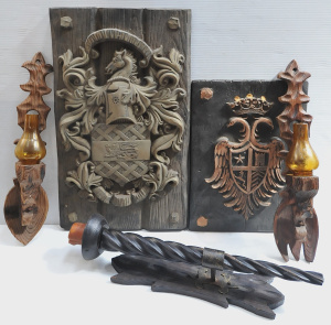 Lot 43 - Group of mock-medieval timber and timber effect wall fittings inc torch