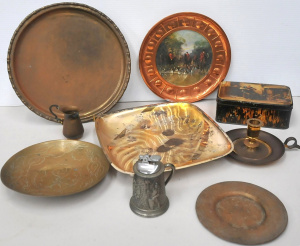 Lot 75 - Group lot Metal Ware inc Brass Chamberstick, Jug, Etched plated Copper