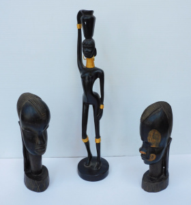 Lot 133 - Group of stylised African female figures inc pair of carved ebony head