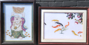 Lot 135 - 2 x large Framed Asian Pictures - Silk Embroidered Coi Fish w details